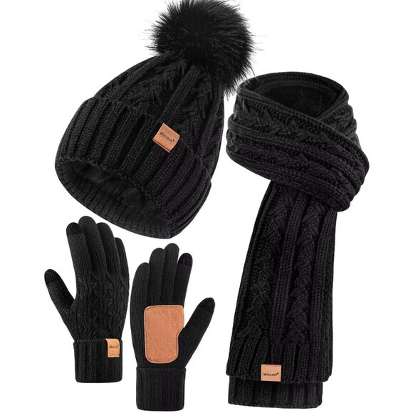 Womens Beanie Hat Scarf Gloves Set Fleece Lined Winter Hat with Pom Pom Long K